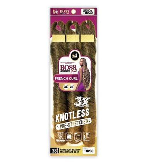 Boss Braid French Curl 28" 3X product packaging. Features knotless, pre-stretched, dark to golden brown wavy hair.