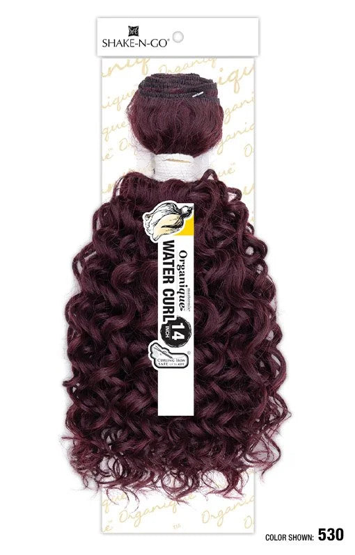 Product packaging for Organique Water Curl 14-inch synthetic hair bundle, color 530, showing deep red water curls.