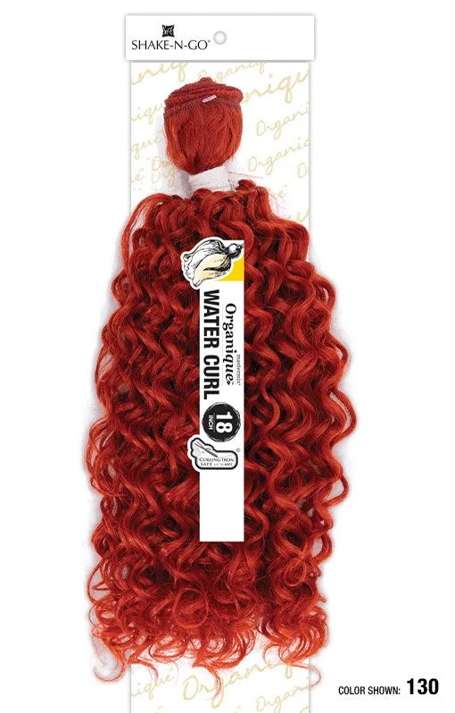 Organique Water Curl Synthetic Hair Bundle packaging with vibrant red-orange, wavy 18-inch hair displayed.