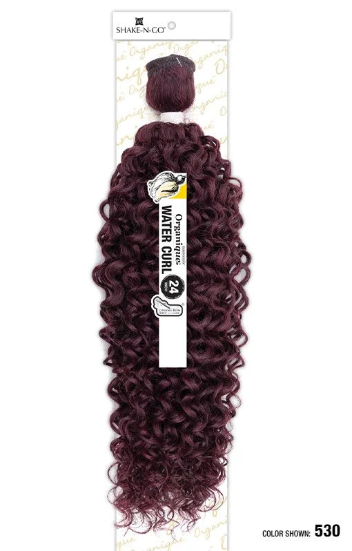 Packaging for Organique Water Curl synthetic hair bundle, 24-inch length, featuring deep burgundy wavy curls.