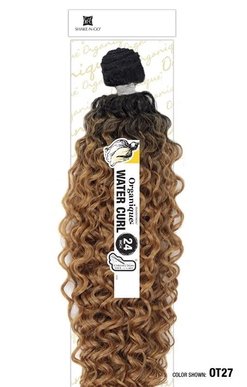 Organique Water Curl 24-inch hair extensions in packaging, showing long, dark-rooted, light brown ombre water curls.