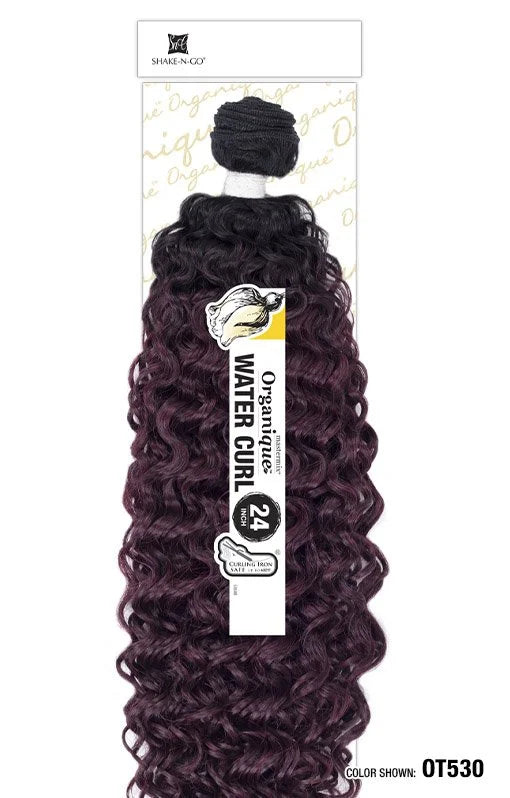 Organique Water Curl synthetic hair bundle, 24 inches, featuring voluminous dark roots transitioning to rich burgundy wate...