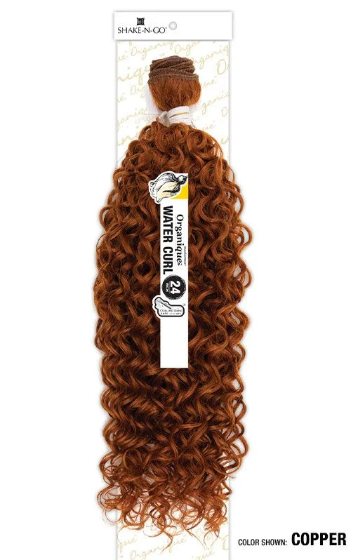 Organique Water Curl Synthetic Hair Bundle packaging. Features 24-inch long copper hair with loose water curls.