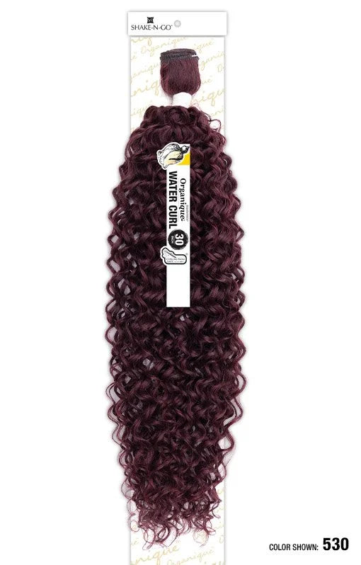 Organique Water Curl synthetic hair packaging, displaying a long bundle of deep burgundy, bouncy water curls.
