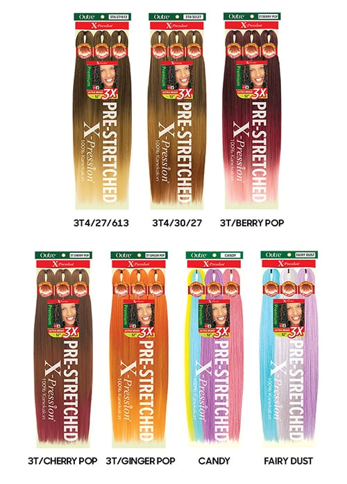 X-Pression Pre-Stretched Braid 3X packaging, showing ombre dark reddish-brown to bright pink braiding hair.