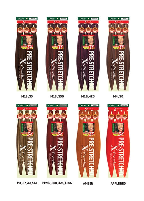 Eight packages of X-Pression 3X Pre-Stretched Braid hair, showcasing various brown, red, and purple shades.