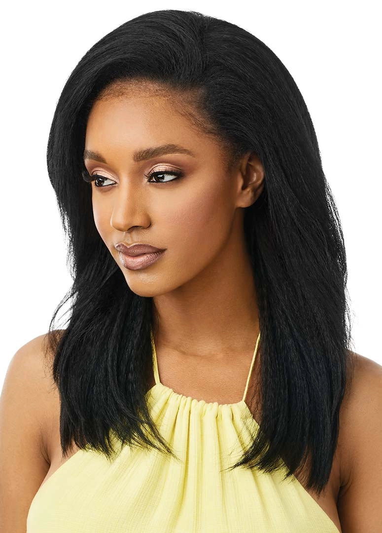 Woman models Outre Synthetic Converti-Cap Half Wig HAWAIIAN HOTTIE. It's a voluminous, black, shoulder-length textured style.
