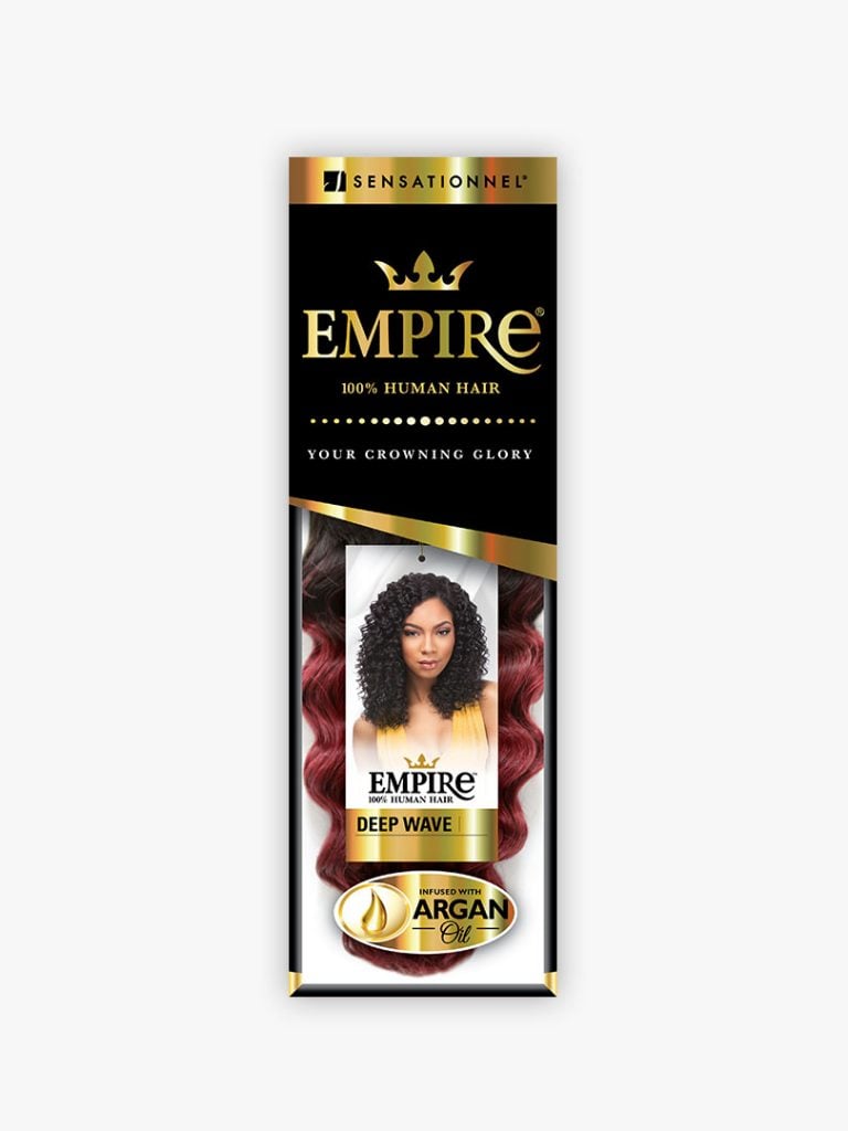 Empire Deep Wave 100% human hair packaging. Features a woman with black curly hair and a swatch of deep red wavy hair.