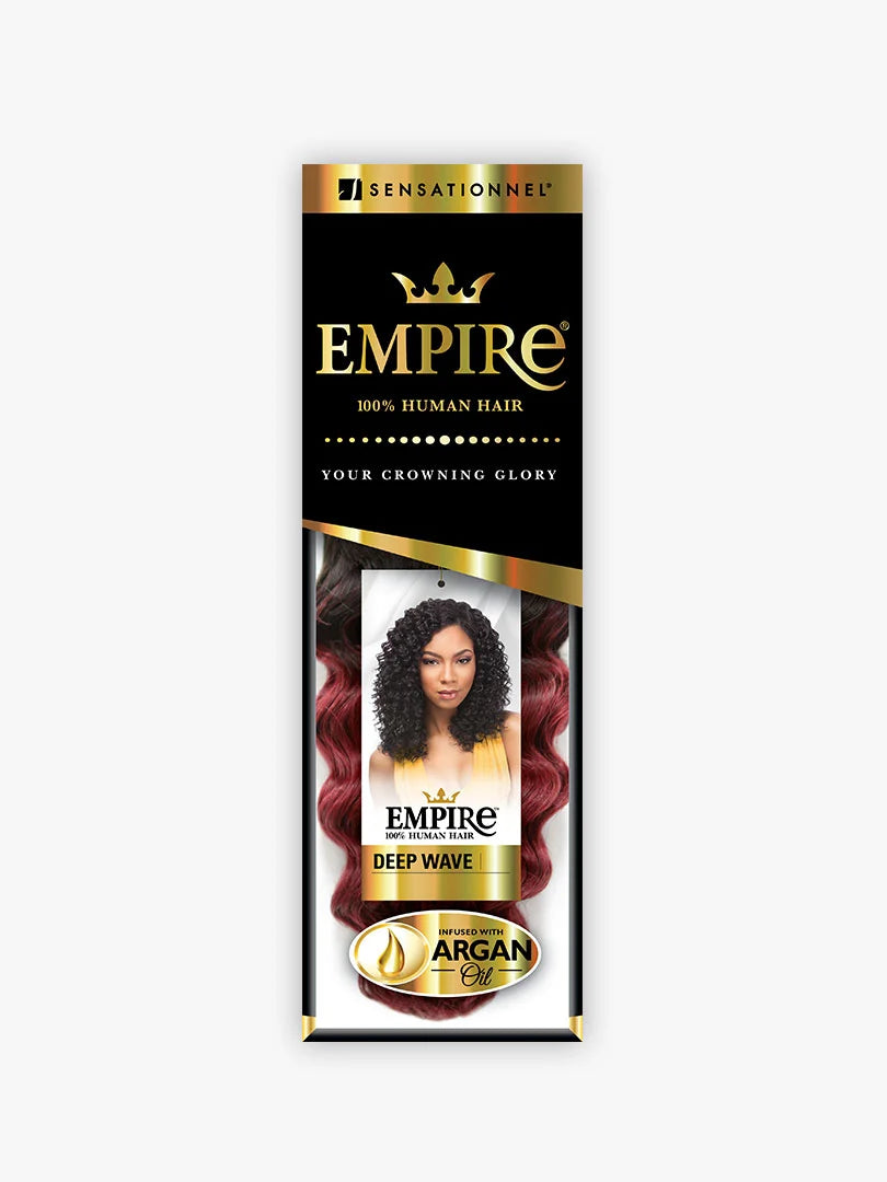 Empire hair product packaging with red hair extensions on a white background