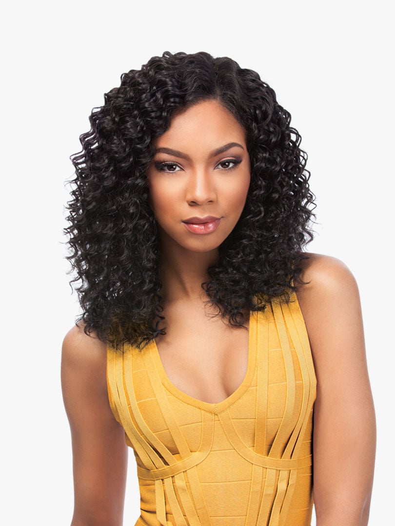 Woman wearing HH DEEP WAVE WVG 18. Her black, shoulder-length hair features voluminous, defined deep waves.