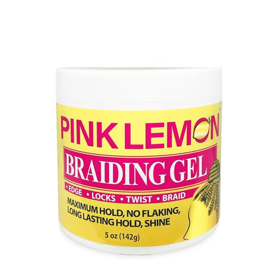 Product packaging for PINK LEMON BRAIDING GEL 5OZ. It's a white tub with a yellow and pink label featuring product details...