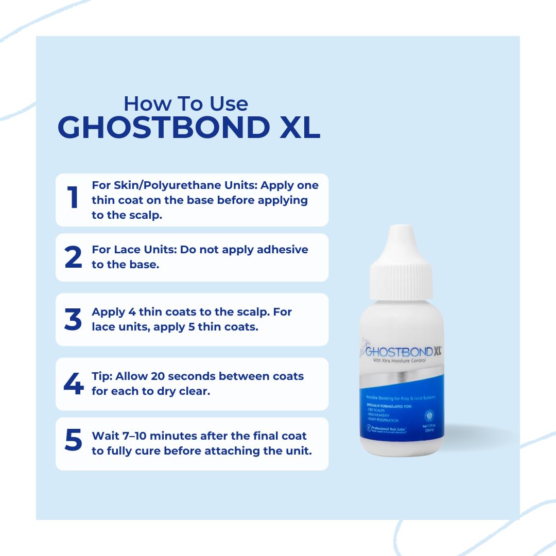 Ghost Bond XL Lace Wig Glue product bottle, white with a blue and white label, displayed beside usage instructions.