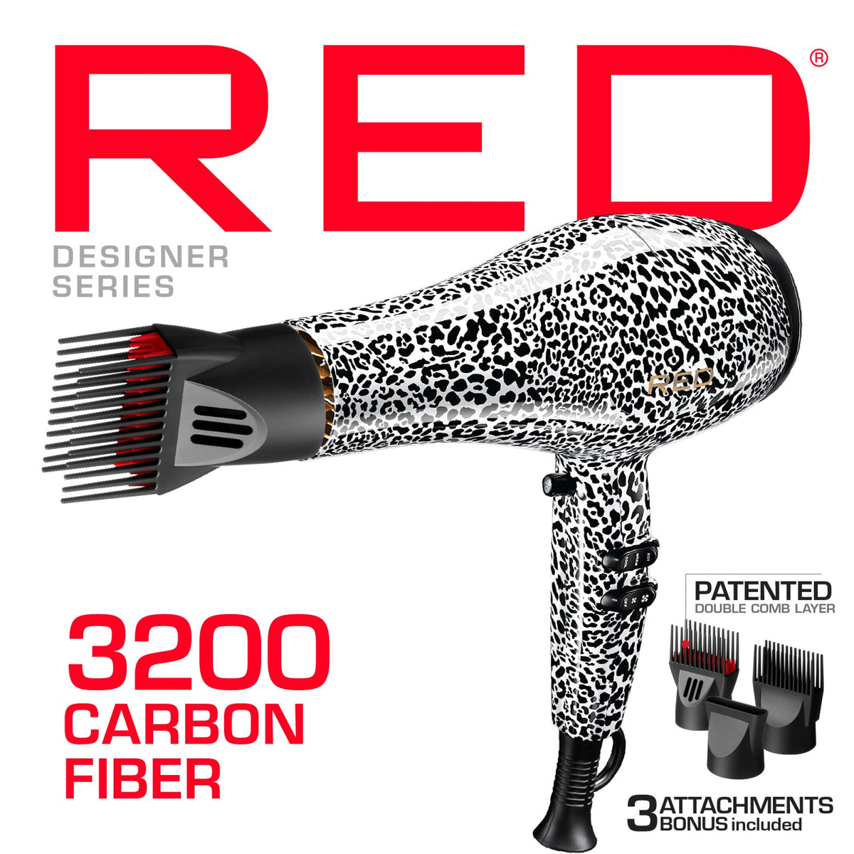 RED PRO 3200 Turbo Pro Detangler AC Hair Dryer, 3 Heat/2 Speed Settings, Cool Shot Button, Powerful Airflow, 3 Additional Styling Attachments with Detangling Pik -  Leopard