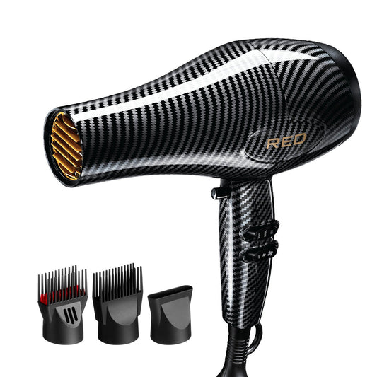 RED PRO 3200 Turbo Pro Detangler AC Dryer with carbon fiber finish, gold accents, and three attachments.