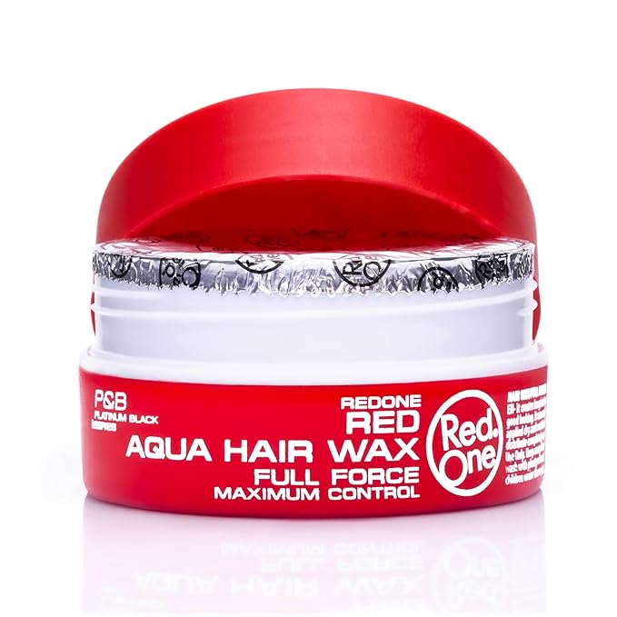 Red One Aqua Hair Wax product in a red tub with an open lid, revealing a silver foil seal.