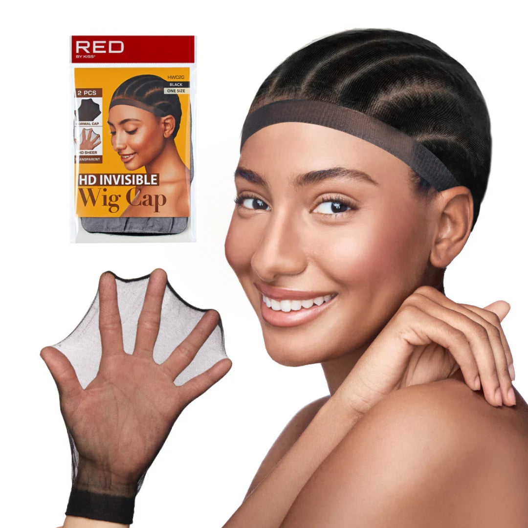 Smiling woman wearing a sheer black Red BY KISS HD Invisible Wig Cap over cornrows. Her hand stretches another; packaging ...
