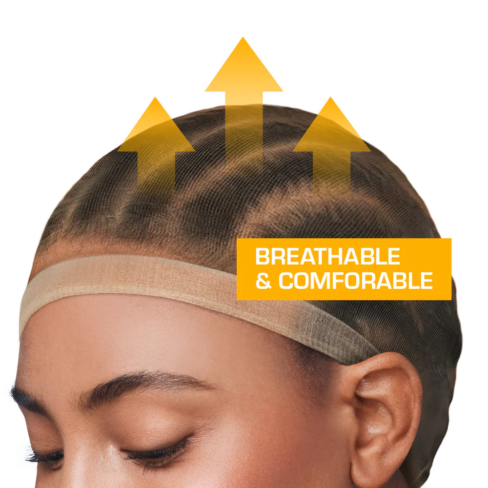 Person modeling Red by KISS HD Invisible Wig Cap in Dark Brown. The mesh cap, with airflow arrows, appears breathable.