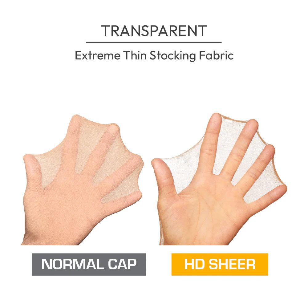 Red by KISS HD Invisible Wig Cap. Hands demonstrate a normal cap (less transparent) versus HD sheer cap (more transparent).