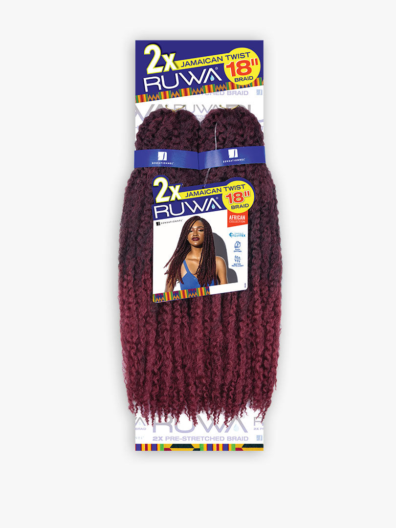 Ruwa 2X Jamaican Twist 18" Pre-Stretched Braiding Hair product packaging showing dark red wavy texture.