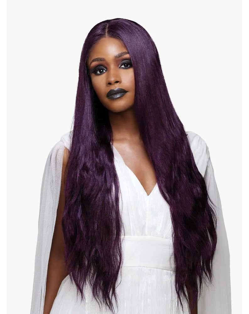 Model wearing Lemelas Darcielle long, dark purple, wavy 100% Premium Fiber HD Glueless Lace Wig with a center part.