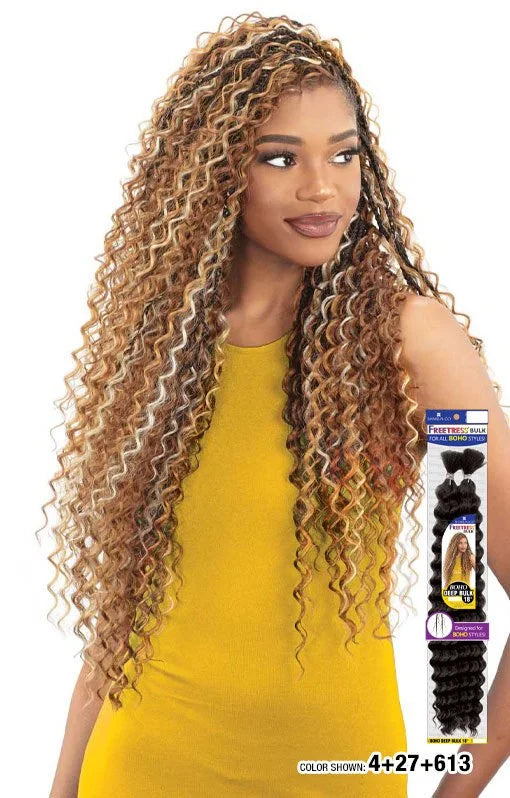 Woman models long FREETRESS BOHO DEEP BULK hair with voluminous blonde, brown, & platinum spiral curls. Product packaging.