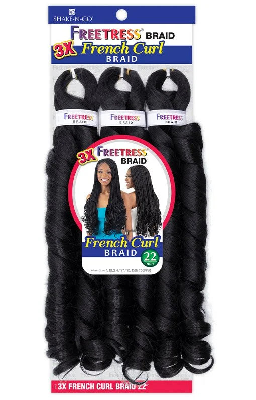 Packaging for Freetress Braid 3X French Curl Braiding Hair 22", featuring three bundles of black, curly hair and a model.