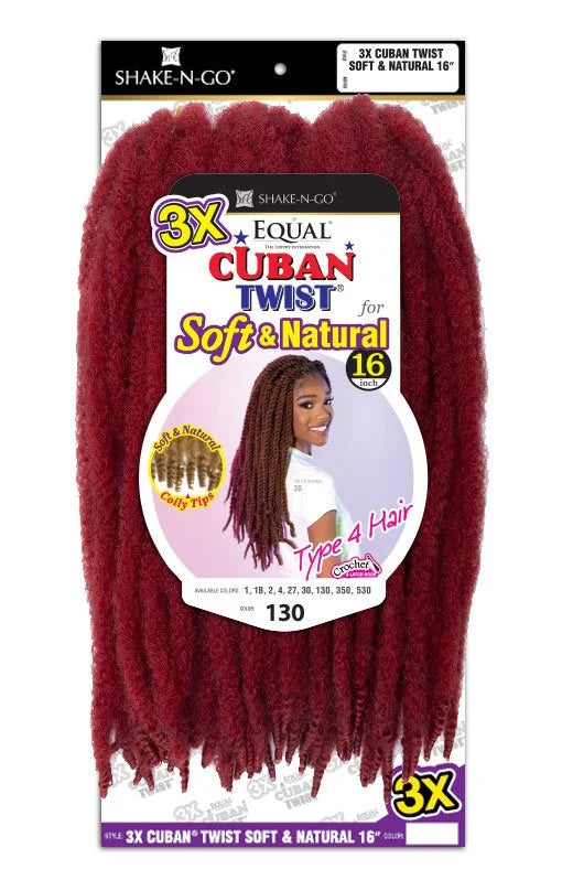 Deep red Equal 3X Cuban Twist 16" Soft & Natural braiding hair packaging shows a smiling model with brown twists.
