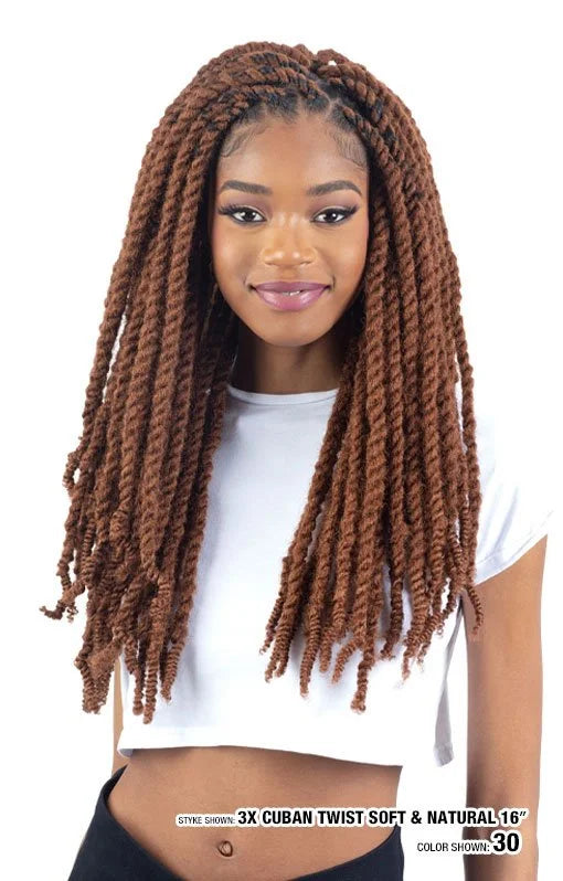 Smiling woman models long Equal 3X Cuban Twist braiding hair in reddish-brown color 30, styled in thick twists.