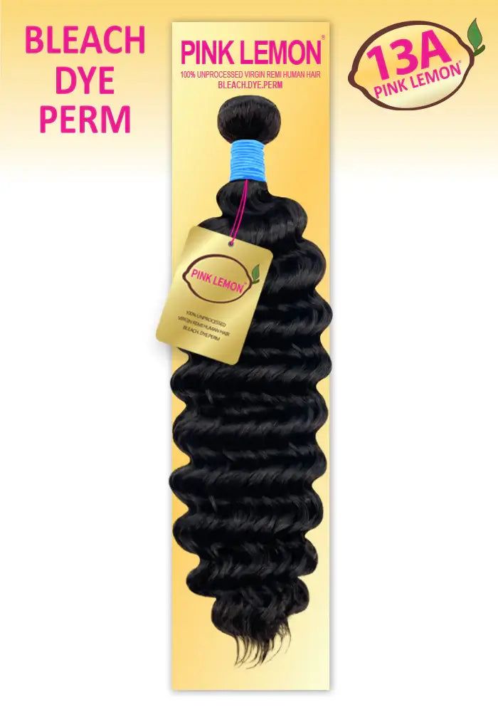Product packaging of a Pink Lemon Pineapple Curl Single Bundle, black human hair with deep, defined waves.