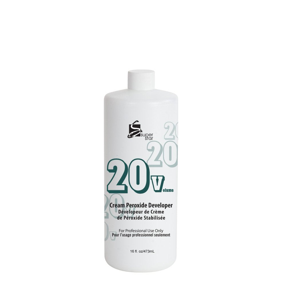 White bottle of Super Star Stabilized Cream Peroxide Developer 20 Volume, 16 oz, with prominent green "20 V" text.
