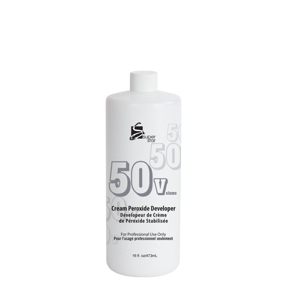Packaging for Super Star Stabilized Cream Peroxide Developer 50 Volume, a white 16 oz bottle with '50 Volume' text.