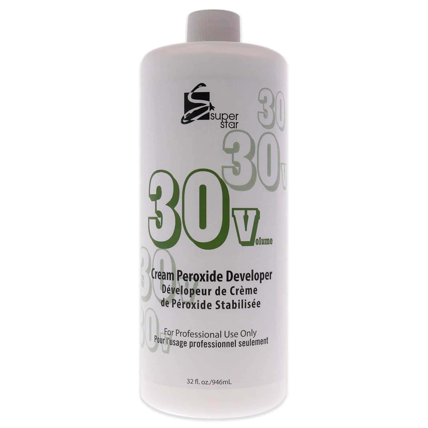 Super Star Stabilized Cream Peroxide Developer 30 Volume 32 oz product packaging. White bottle with gray cap, green '30V V...