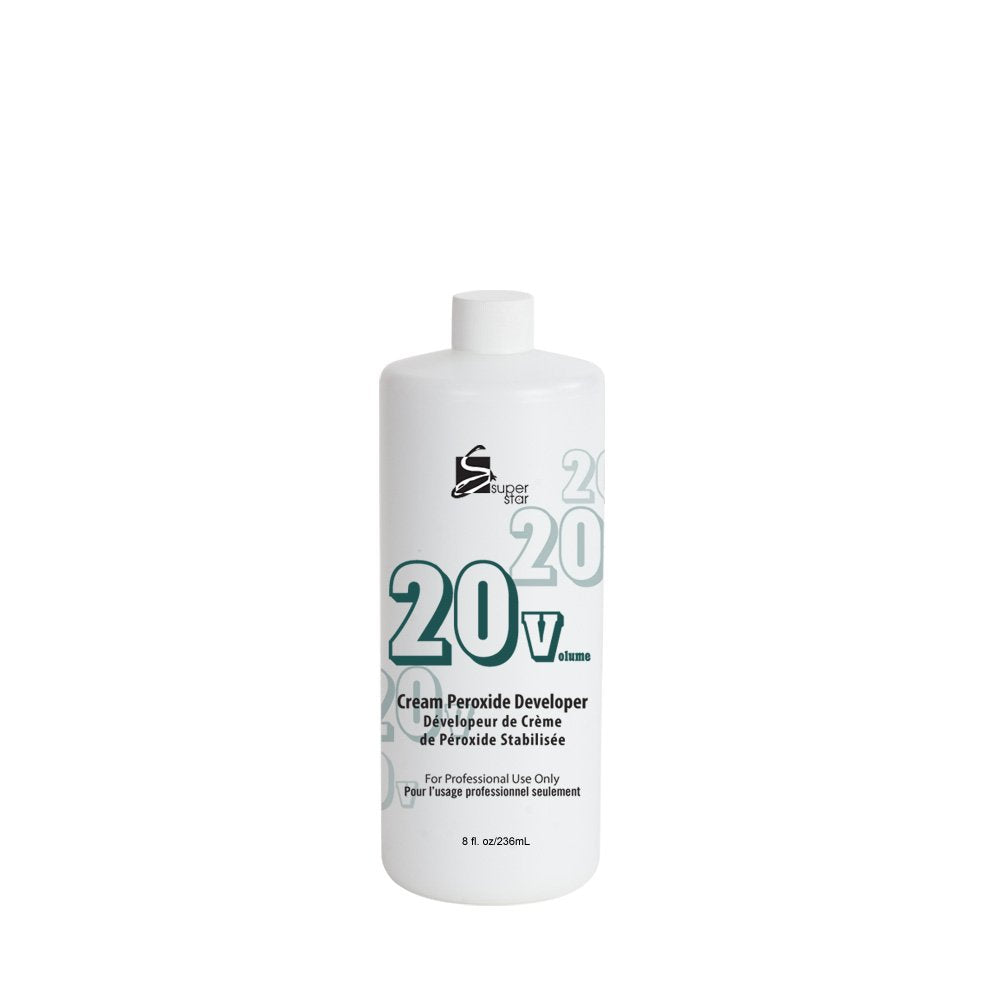 White bottle of Super Star Cream Peroxide Developer 20 Volume. Green "20V" is prominent on the label.