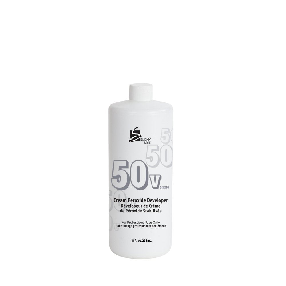 White 8 oz bottle packaging for Super Star Stabilized Cream Peroxide Developer 50 Volume.