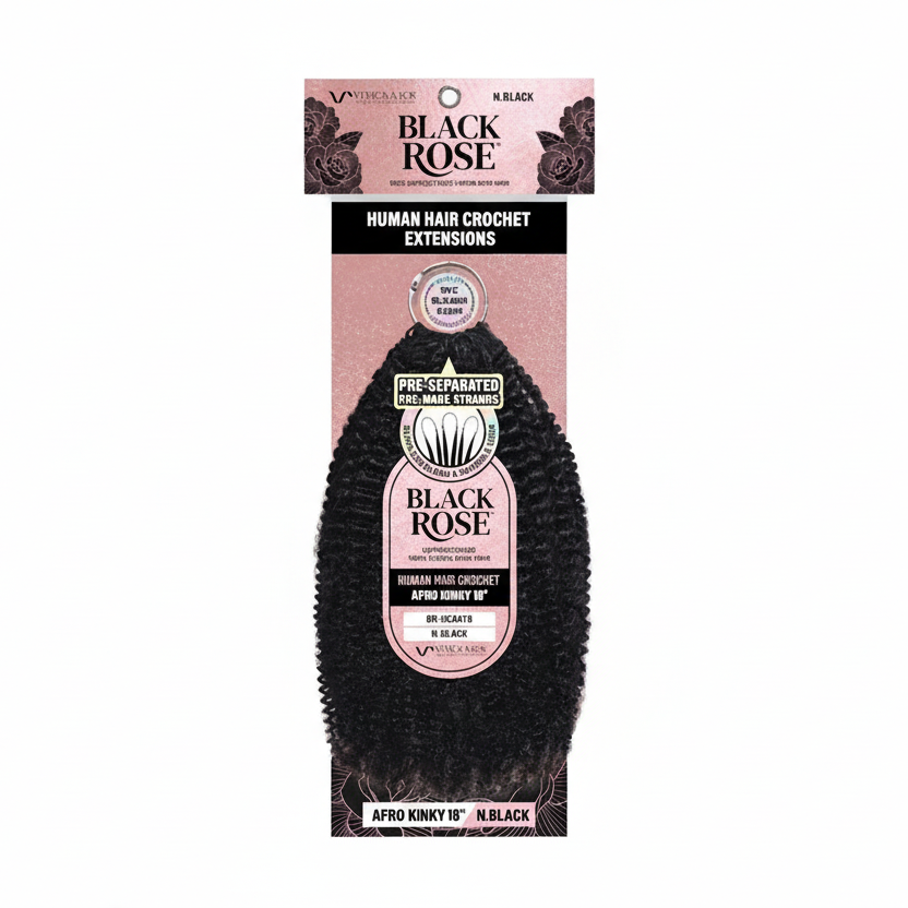 Product packaging for Black Rose Human Hair Crochet Extensions. Features 18-inch natural black Afro Kinky hair.
