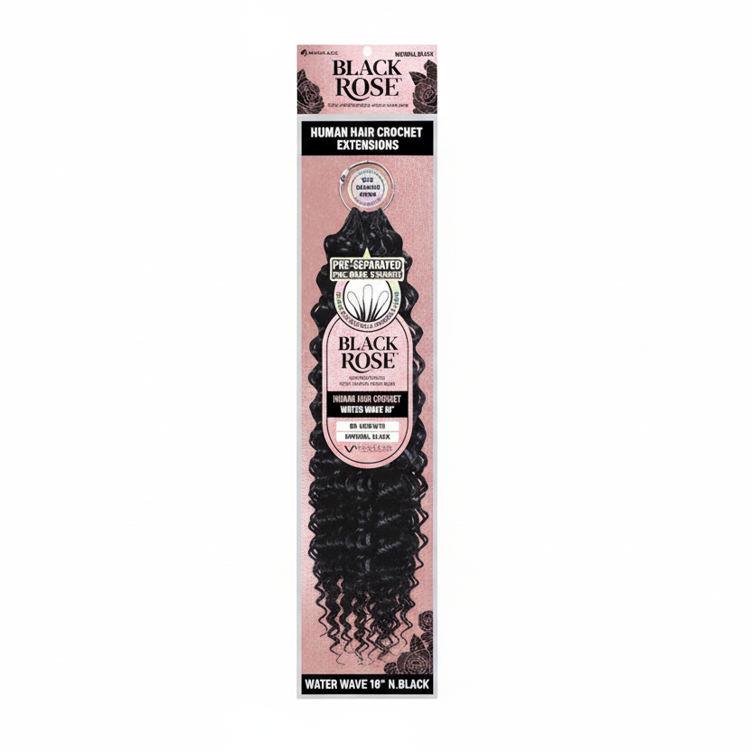 Packaging for Black Rose Human Hair Crochet Extensions, showing long, wavy 18-inch natural black water wave hair.