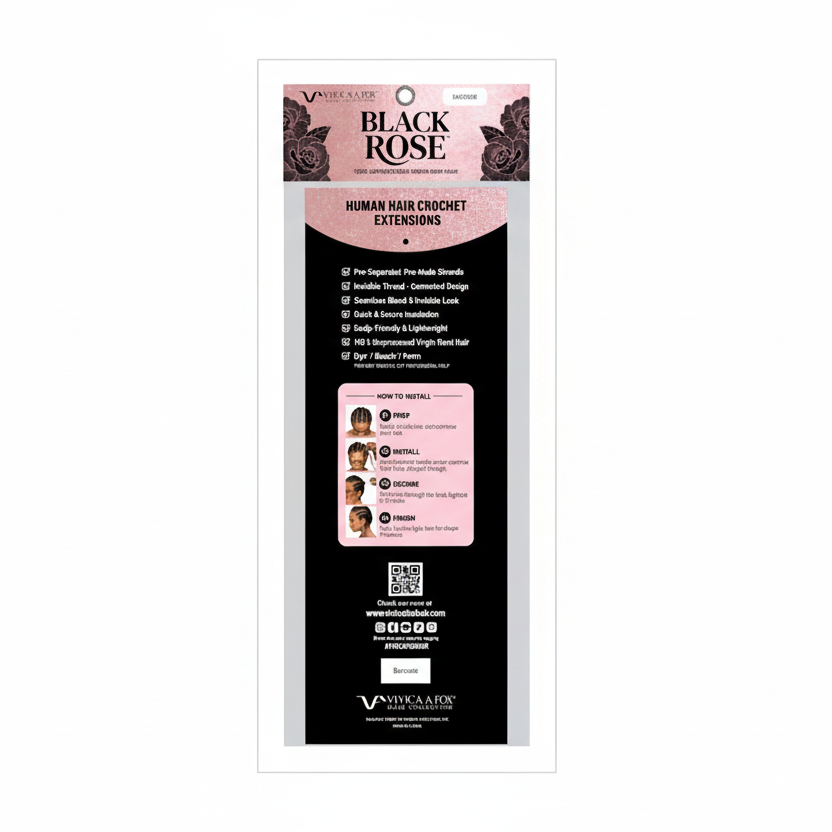 Black Rose Human Hair Crochet Extensions packaging. Black and rose gold design with product features and installation steps.